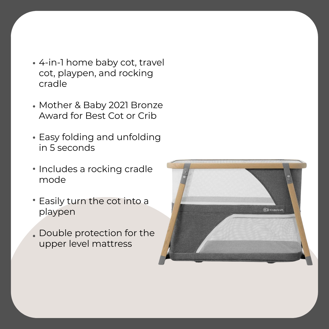 Kinder Kraft Sofi Travel Cot Grey + Double Sided First Book Black & White