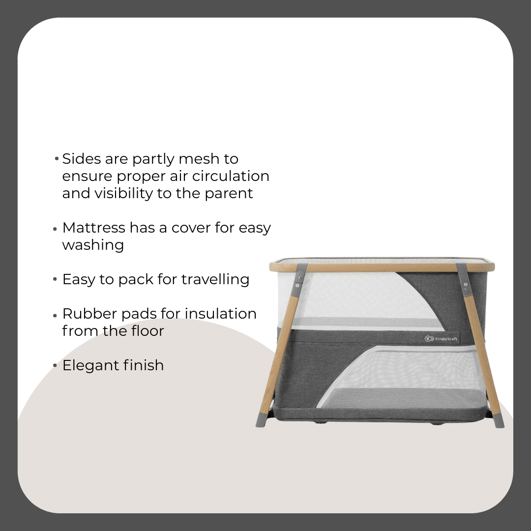 Kinder Kraft Sofi Travel Cot Grey + Double Sided First Book Black & White