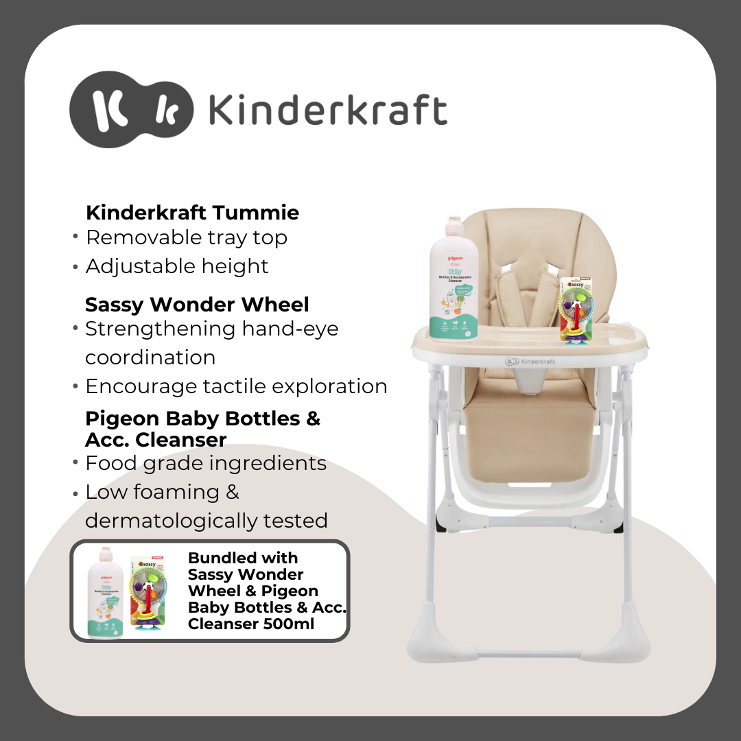 Kinderkraft High Chair Tummie Beige, Sassy Wonder Wheel Sensory Toy and Pigeon Cleanser 500ml