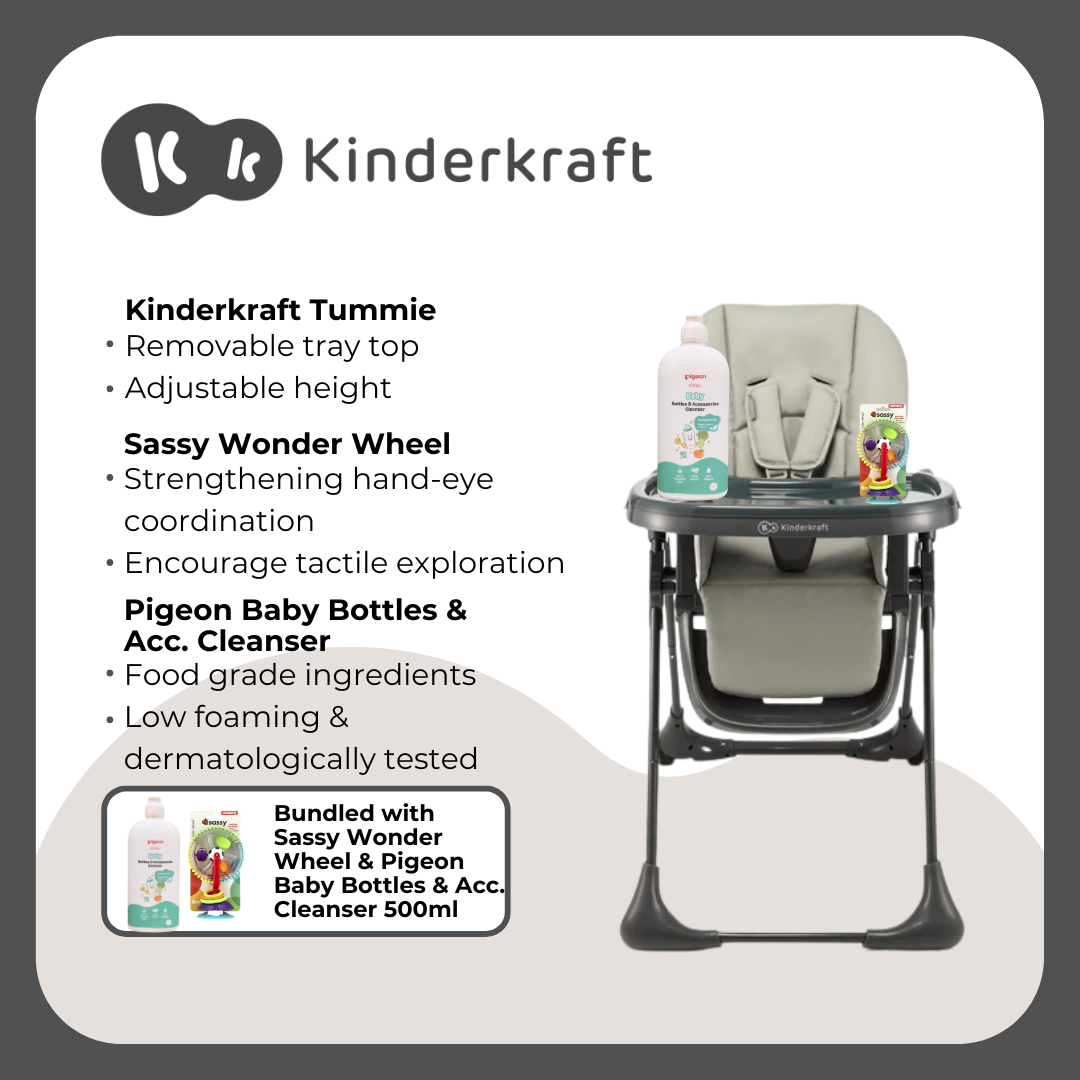 Kinderkraft High Chair Tummie Grey, Sassy Wonder Wheel Sensory Toy and Pigeon Cleanser 500ml