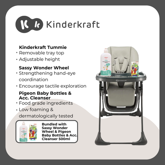 Kinderkraft High Chair Tummie Grey, Sassy Wonder Wheel Sensory Toy and Pigeon Cleanser 500ml