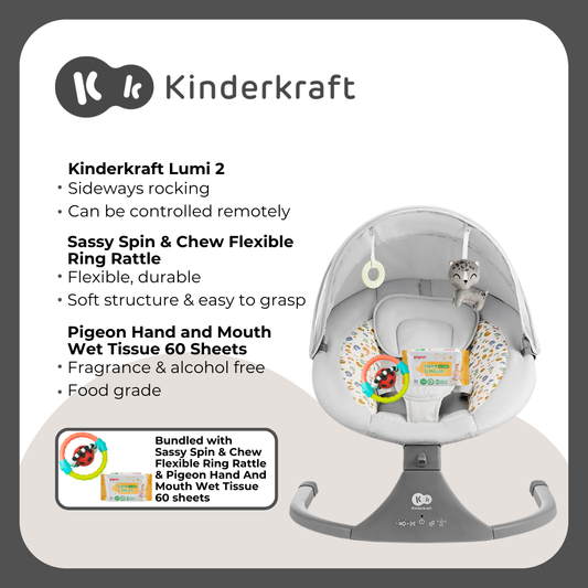 Kinderkraft Rocker Napper Lumi 2 Light Grey ,Sassy Spin & Chew Ring Rattle and Pigeon Hand & Mouth 60's