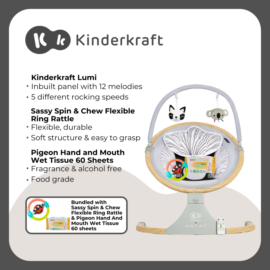 Kinderkraft Rocker Napper Lumi 2, Sassy Spin & Chew Ring Rattle and Pigeon Hand & Mouth 60's