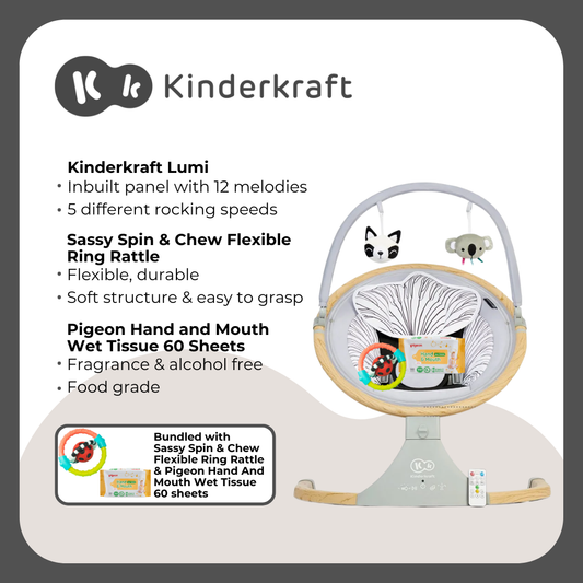 Kinderkraft Rocker Napper Lumi 2, Sassy Spin & Chew Ring Rattle and Pigeon Hand & Mouth 60's