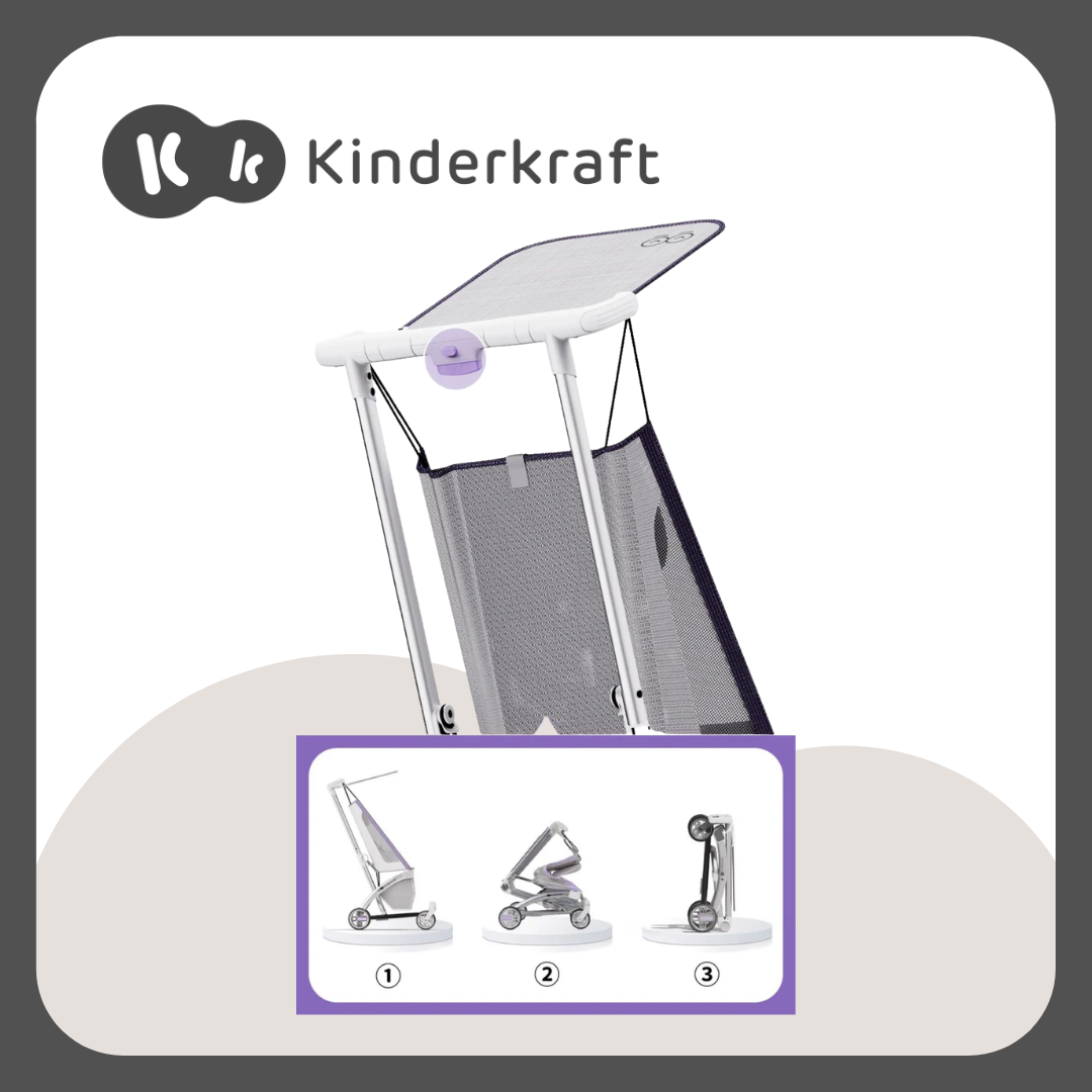 Kinderkraft KP2 Stroller, Light and Ultra- Compact, Cabin Size, Gravity Auto Fold, 5-Point Safety Harness, Smooth Ride Wheels (Purple)