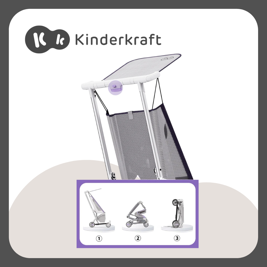 Kinderkraft KP2 Stroller, Light and Ultra- Compact, Cabin Size, Gravity Auto Fold, 5-Point Safety Harness, Smooth Ride Wheels (Purple)