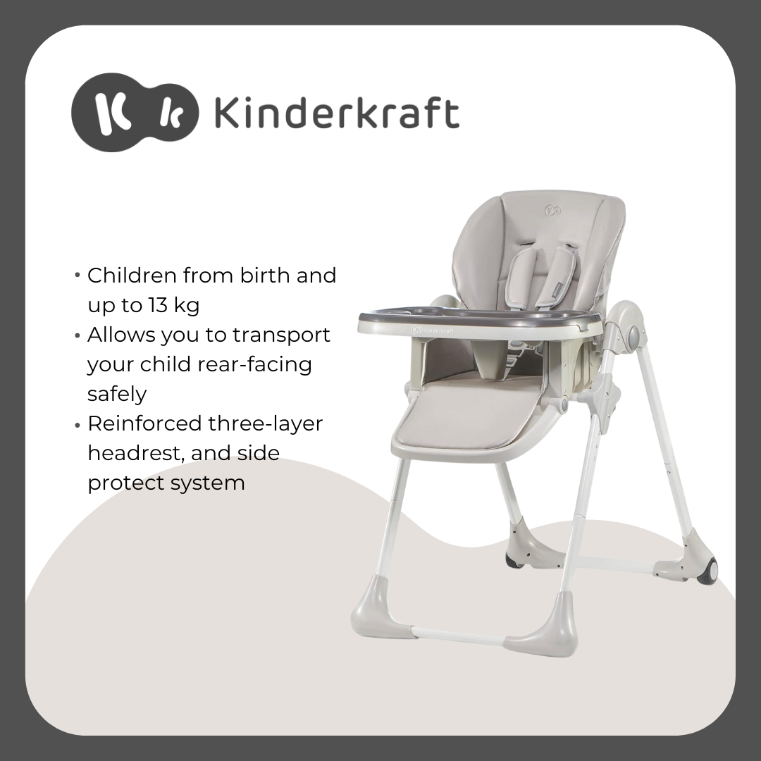 Kinderkraft Highchair Yummy, Baby Chair, Ergonomic, Comfortable, Reclining, Foldable, with Ajustable Height, Footrest, Detachable Double Tray, for Toddler, from 6 Month to 3 Years, (Gray)