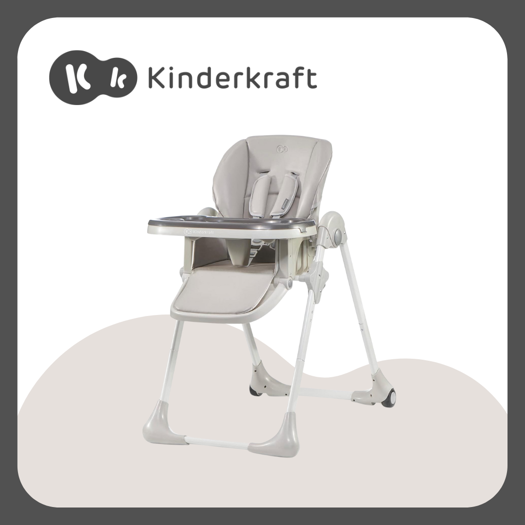 Kinderkraft Highchair Yummy, Baby Chair, Ergonomic, Comfortable, Reclining, Foldable, with Ajustable Height, Footrest, Detachable Double Tray, for Toddler, from 6 Month to 3 Years, (Gray)