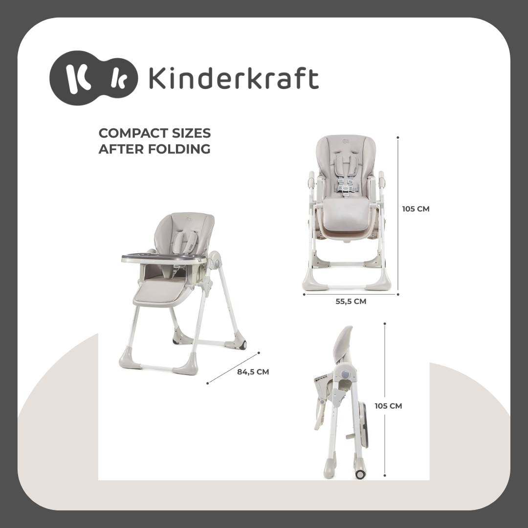 Kinderkraft Highchair Yummy, Baby Chair, Ergonomic, Comfortable, Reclining, Foldable, with Ajustable Height, Footrest, Detachable Double Tray, for Toddler, from 6 Month to 3 Years, (Gray)