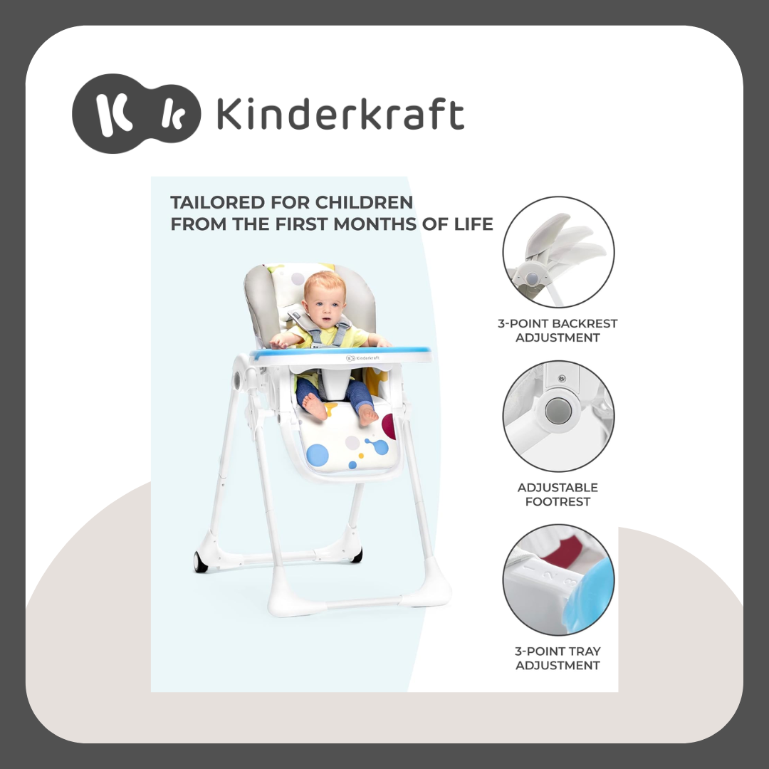 Kinderkraft Highchair Yummy, Baby Chair, Ergonomic, Comfortable, Reclining, Foldable, with Ajustable Height, Footrest, Detachable Double Tray, for Toddler, from 6 Month to 3 Years, (Gray)