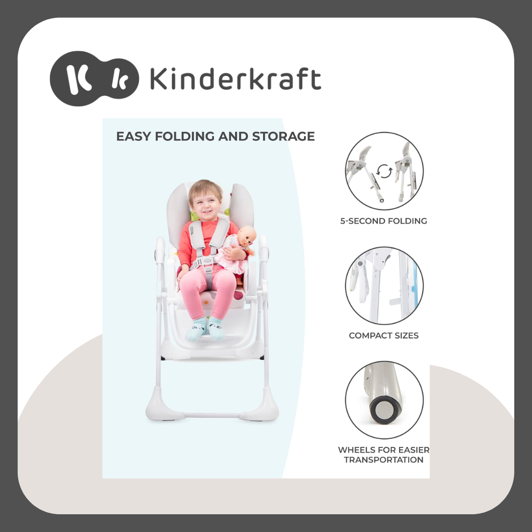 Kinderkraft Highchair Yummy, Baby Chair, Ergonomic, Comfortable, Reclining, Foldable, with Ajustable Height, Footrest, Detachable Double Tray, for Toddler, from 6 Month to 3 Years, (Gray)