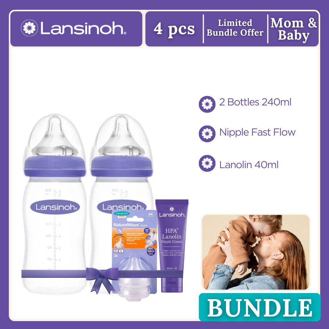 Lansinoh 2 Bottle 240ml and Nipple Fast Flow free Lanolin 40ml