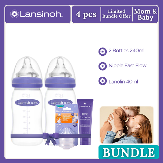 Lansinoh 2 Bottle 240ml and Nipple Fast Flow free Lanolin 40ml