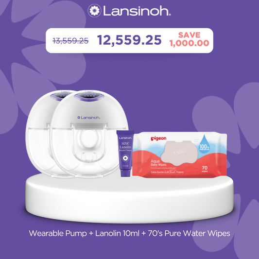 Lansinoh Discreet Double Wearable Pump + Lanolin+ 70 Sheets Pure Water Baby Wipes Single Flip Top