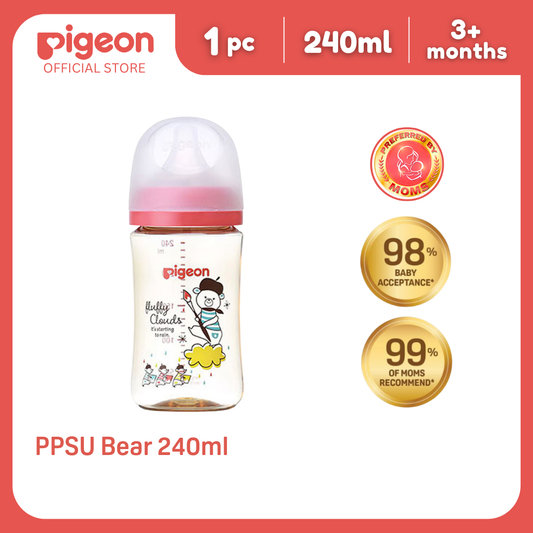 Pigeon Official New Wide Neck PPSU Bear Feeding Bottle 240ml for newborn (M), medium flow, no nipple confusion, anti-colic, high heat resistance