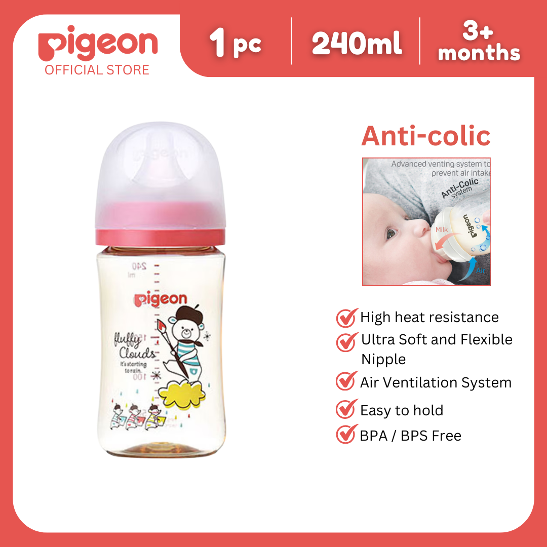 Pigeon Official New Wide Neck PPSU Bear Feeding Bottle 240ml for newborn (M), medium flow, no nipple confusion, anti-colic, high heat resistance