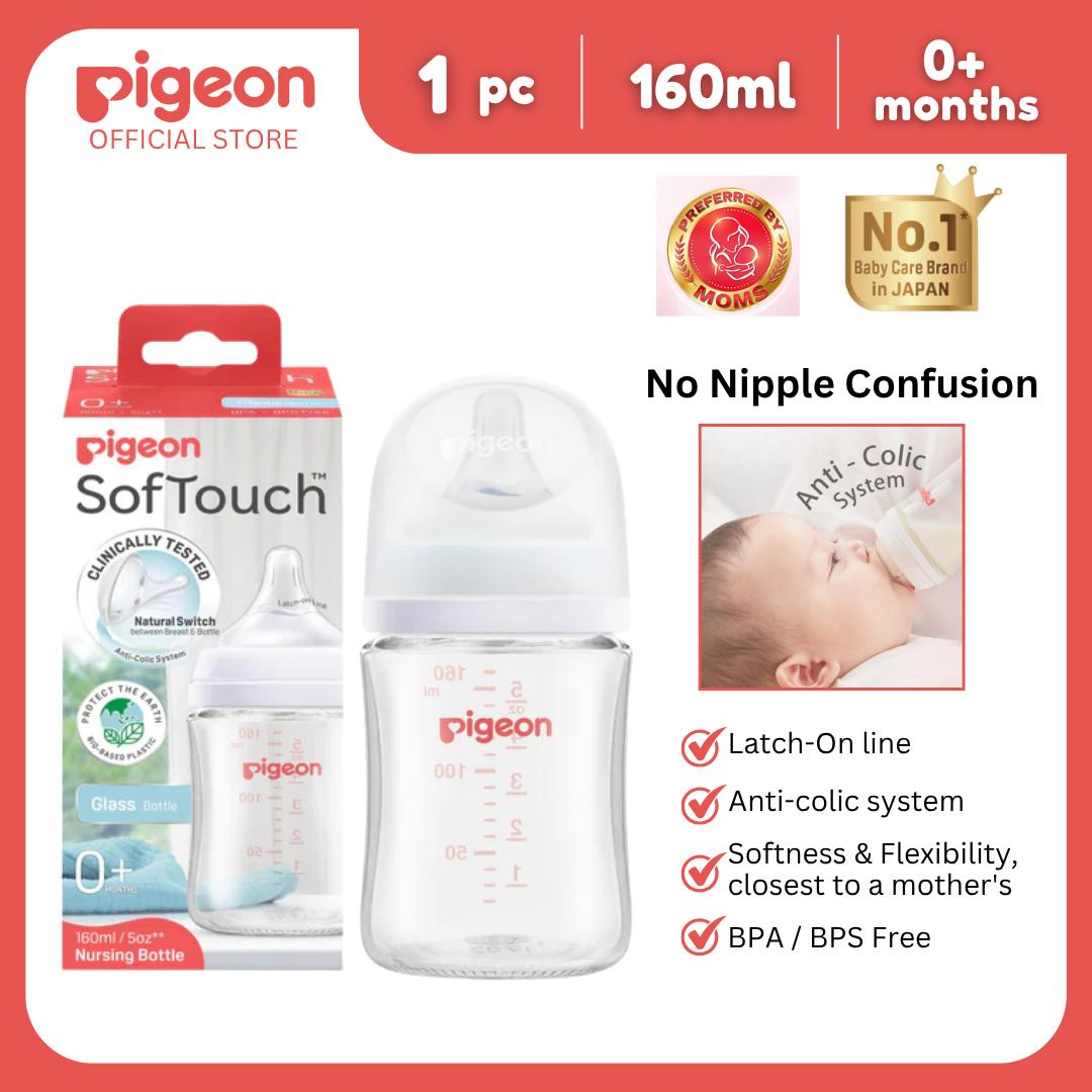 Pigeon Official - New and Improved Wide Neck Glass Feeding Bottle 160ml 1pc, Slow Flow, for 0+ Months Babies Anti Colic, No Nipple Confusion, AVS System, Latch On Line, BPA Free, Ultra Soft Flexible Nipples, Japan No. 1 Brand