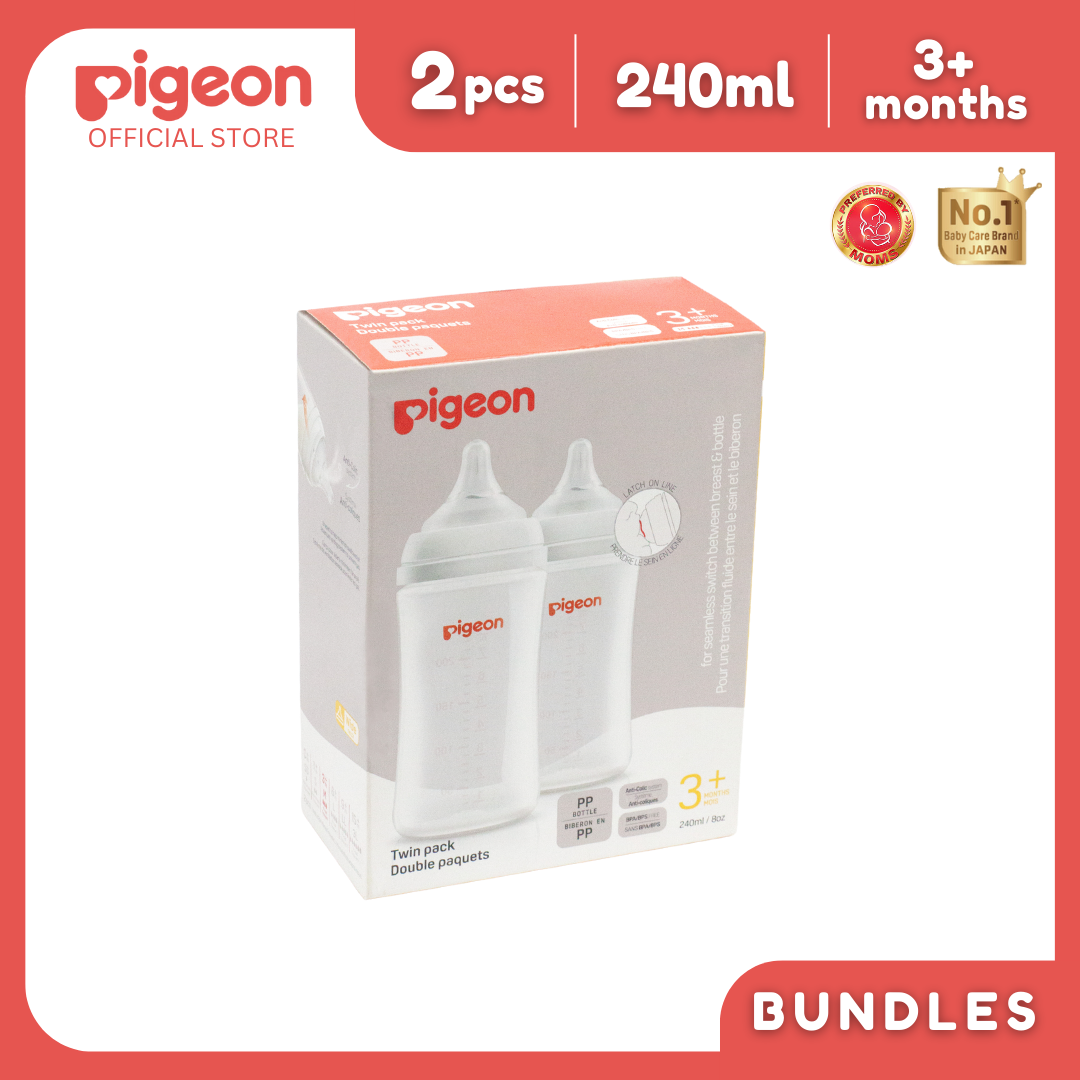 Pigeon Official- New and Improved Wideneck PP Feeding Bottle 240ml, medium flow, 2pcs in a box, no nipple confusion, anti-colic