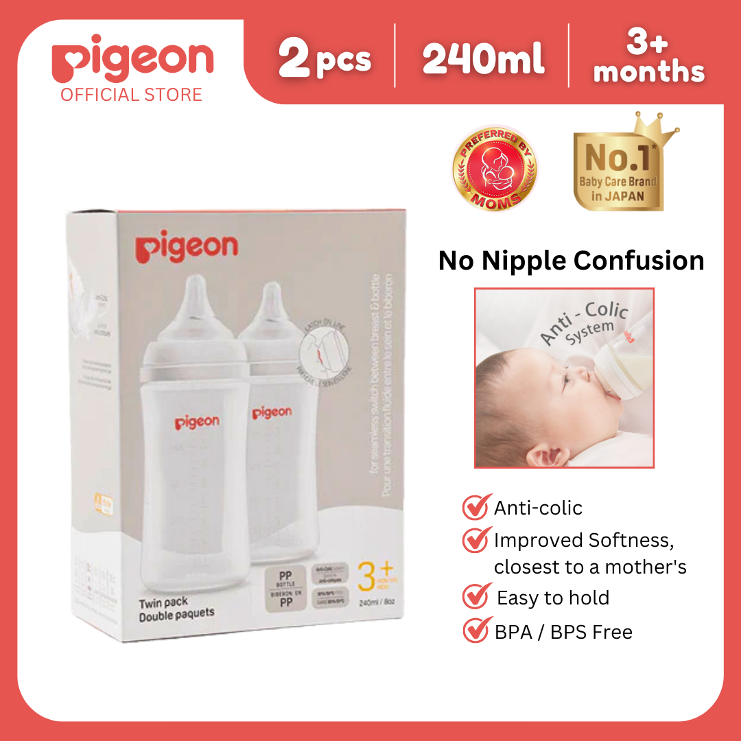 Pigeon Official- New and Improved Wideneck PP Feeding Bottle 240ml, medium flow, 2pcs in a box, no nipple confusion, anti-colic