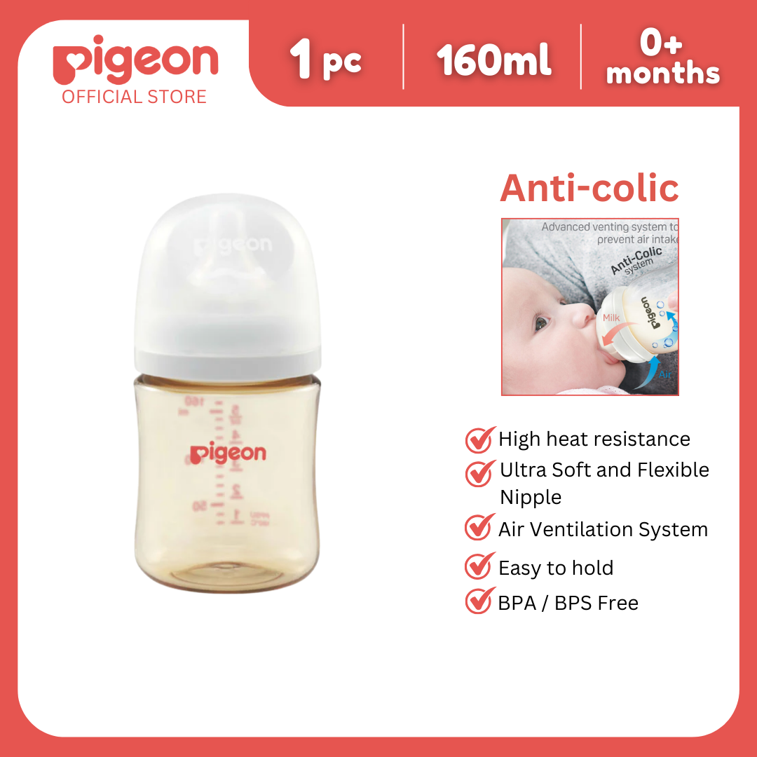 Pigeon Official - New and Improved Wide Neck PPSU Feeding Bottle 160ml 1pc, Size SS Round Hole Nipple, for 0+ Months Babies