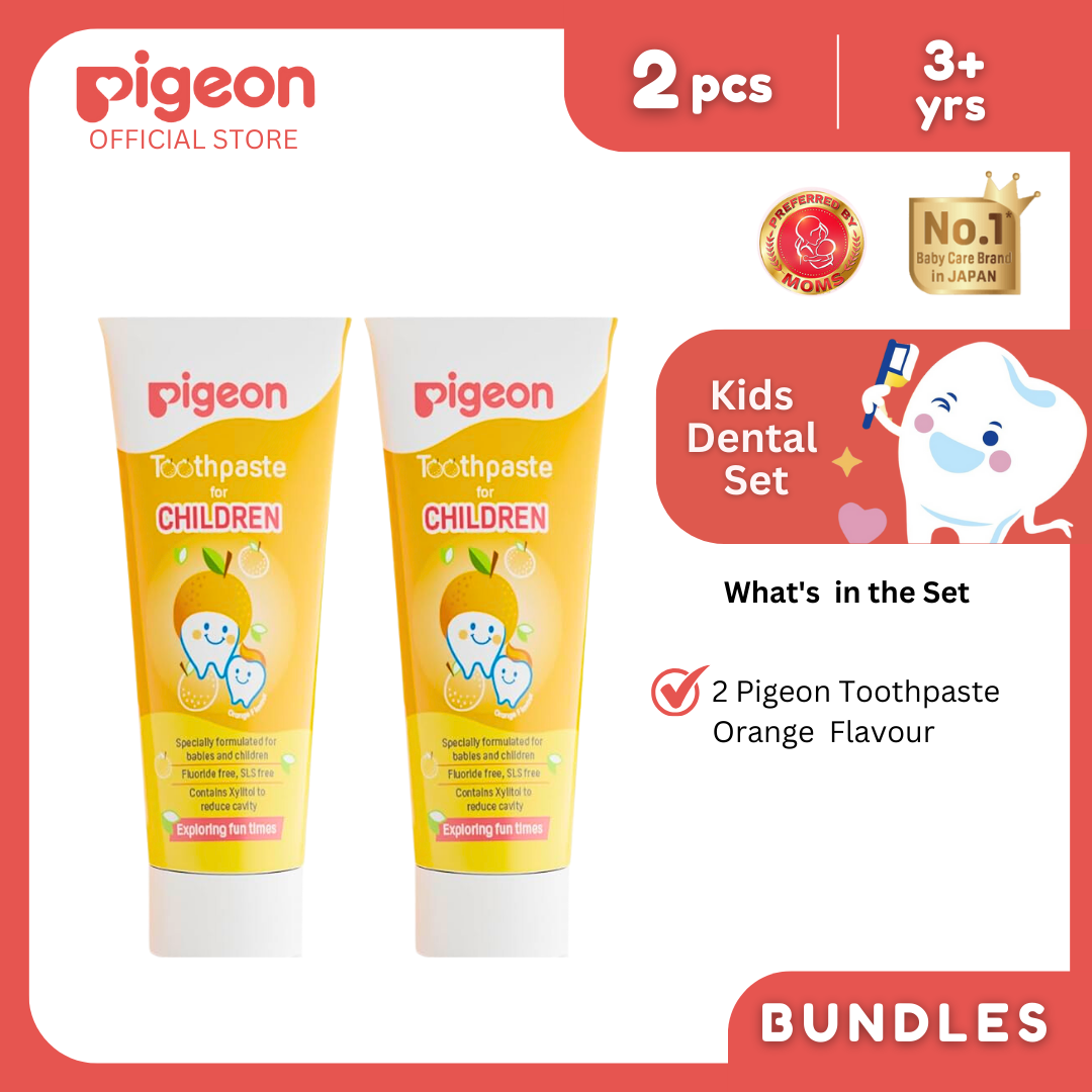 Pigeon Official - Toothpaste Orange 0+ Months 2pcs - 100% Food Grade Ingredients, SLS/Fluoride Free, Safe if swallowed, Gentle on new milk teeth, made with Xylitol agent, Co-developed with Pediatric Dentist, Japan No. 1 Brand