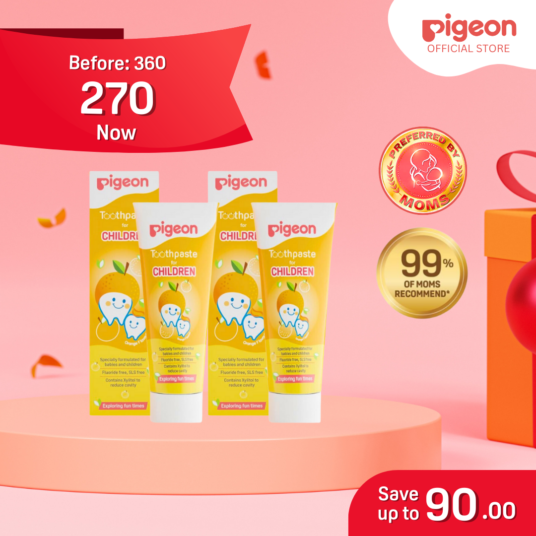 Pigeon Official - Toothpaste Orange 0+ Months 2pcs - 100% Food Grade Ingredients, SLS/Fluoride Free, Safe if swallowed, Gentle on new milk teeth, made with Xylitol agent, Co-developed with Pediatric Dentist, Japan No. 1 Brand