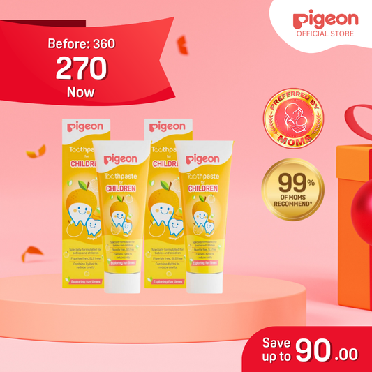 Pigeon Official - Toothpaste Orange 0+ Months 2pcs - 100% Food Grade Ingredients, SLS/Fluoride Free, Safe if swallowed, Gentle on new milk teeth, made with Xylitol agent, Co-developed with Pediatric Dentist, Japan No. 1 Brand