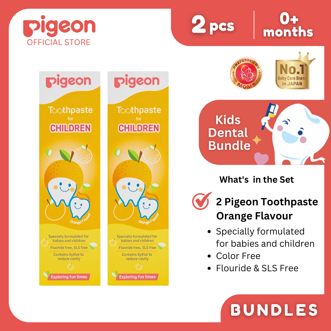Pigeon Official - Toothpaste Orange 0+ Months 2pcs - 100% Food Grade Ingredients, SLS/Fluoride Free, Safe if swallowed, Gentle on new milk teeth, made with Xylitol agent, Co-developed with Pediatric Dentist, Japan No. 1 Brand