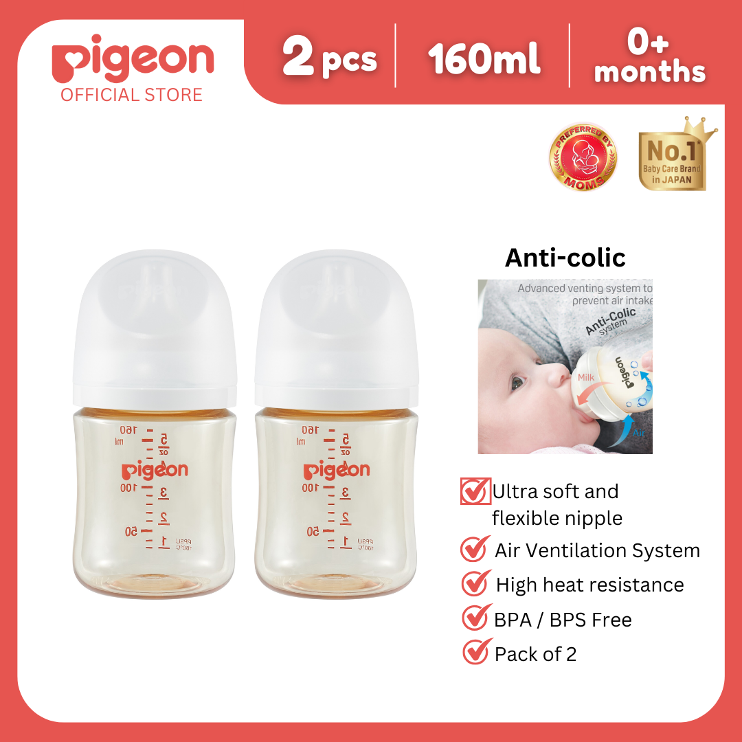 Pigeon Official- New and Improved Wide Neck PPSU Feeding Bottle 160ml Pack of 2 for newborn (SS), slow flow, no nipple confusion, anti-colic, high heat resistance, Japan No. 1 Brand