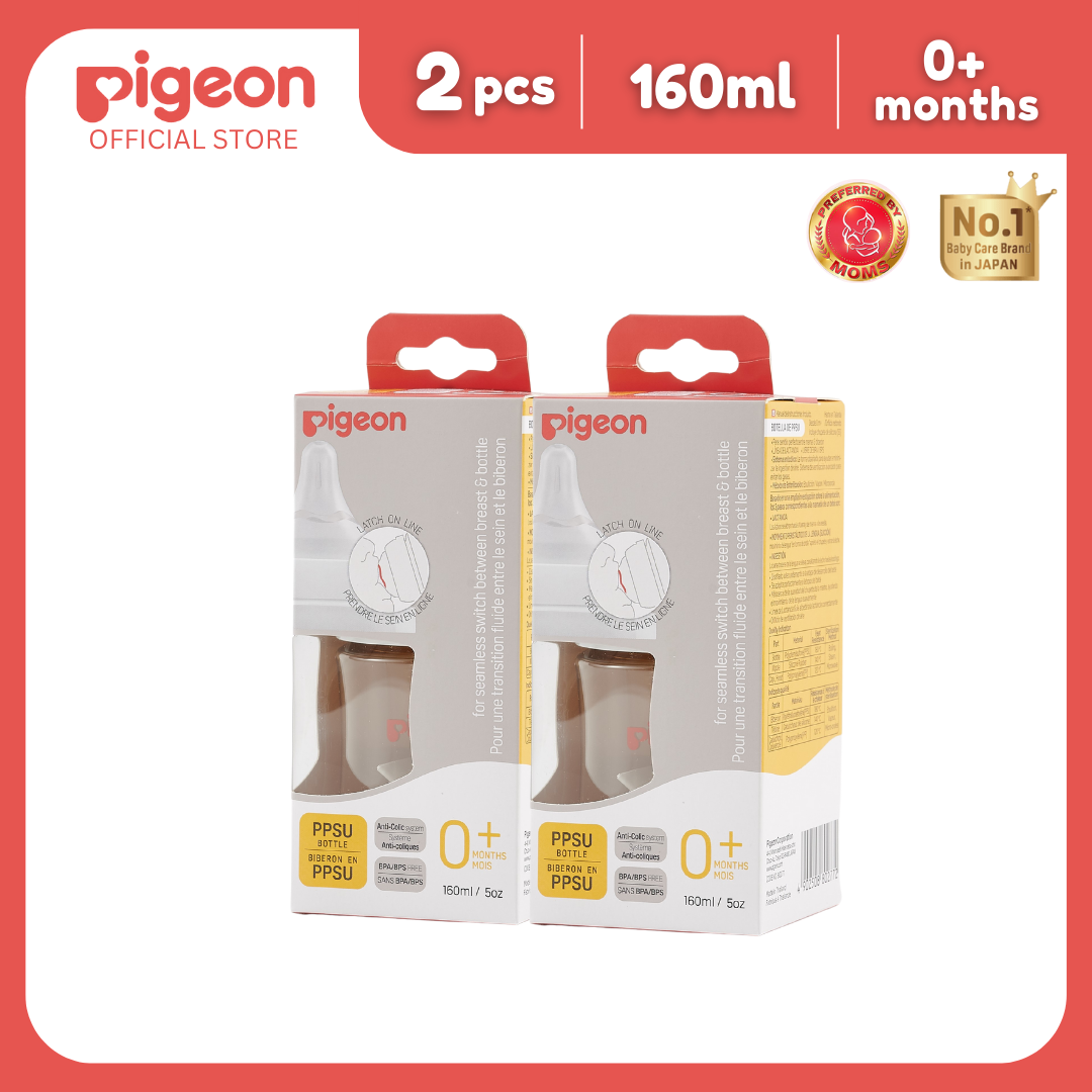 Pigeon Official- New and Improved Wide Neck PPSU Feeding Bottle 160ml Pack of 2 for newborn (SS), slow flow, no nipple confusion, anti-colic, high heat resistance, Japan No. 1 Brand