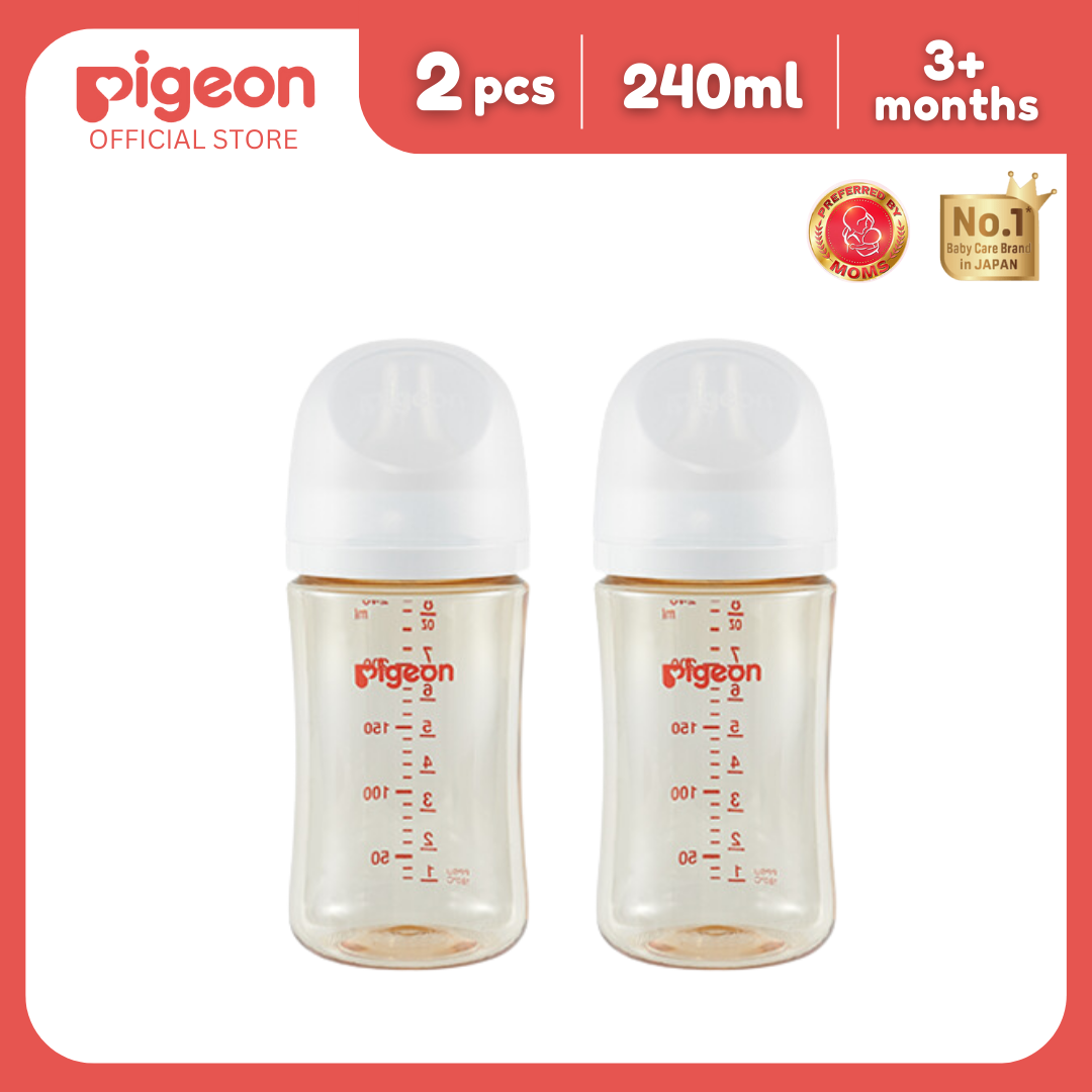 Pigeon Official - New and Improved Wide Neck PPSU Feeding Bottle 240ml Pack of 2 for newborn (M), medium flow, no nipple confusion, anti-colic, high heat resistance, Japan No. 1 Brand
