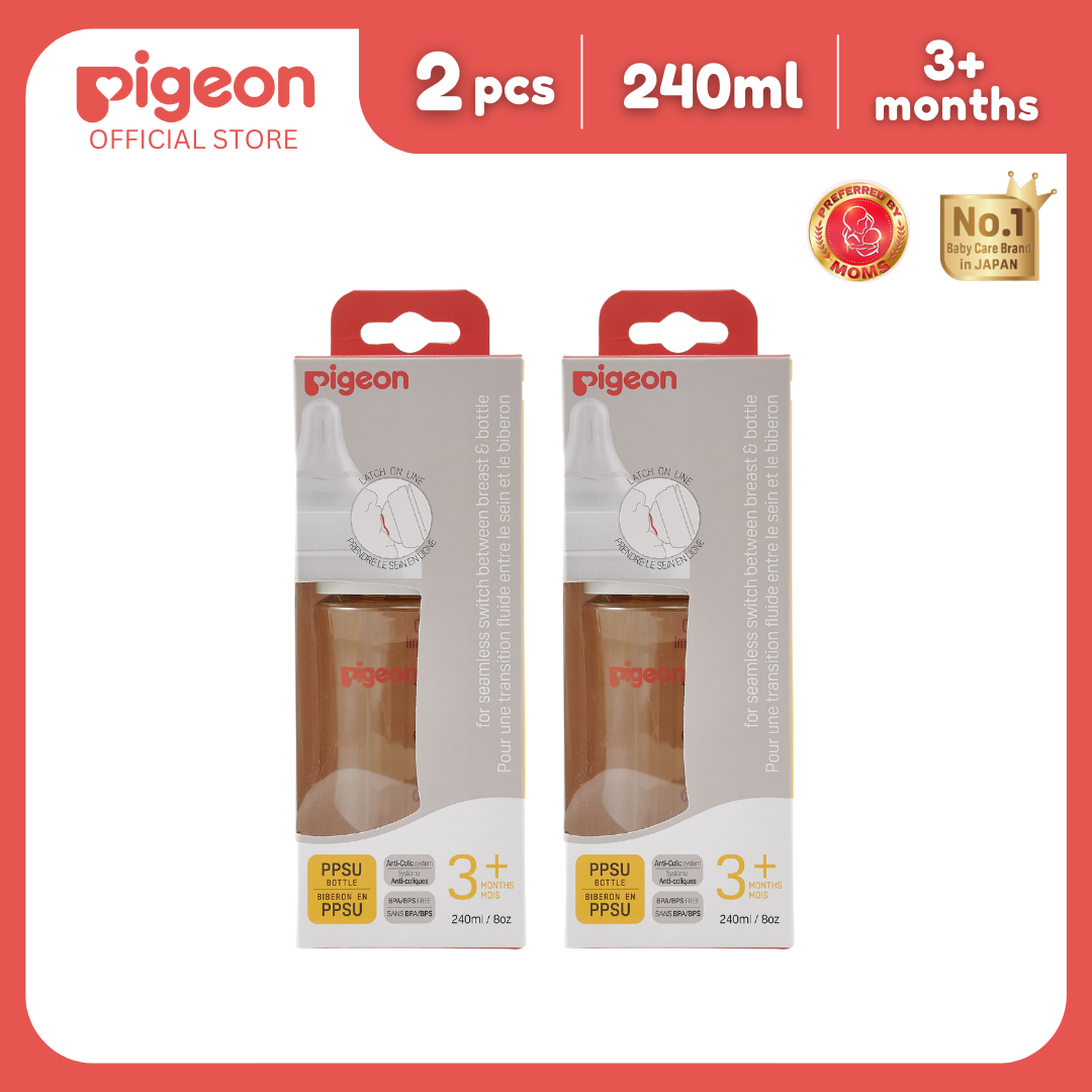 Pigeon Official - New and Improved Wide Neck PPSU Feeding Bottle 240ml Pack of 2 for newborn (M), medium flow, no nipple confusion, anti-colic, high heat resistance, Japan No. 1 Brand