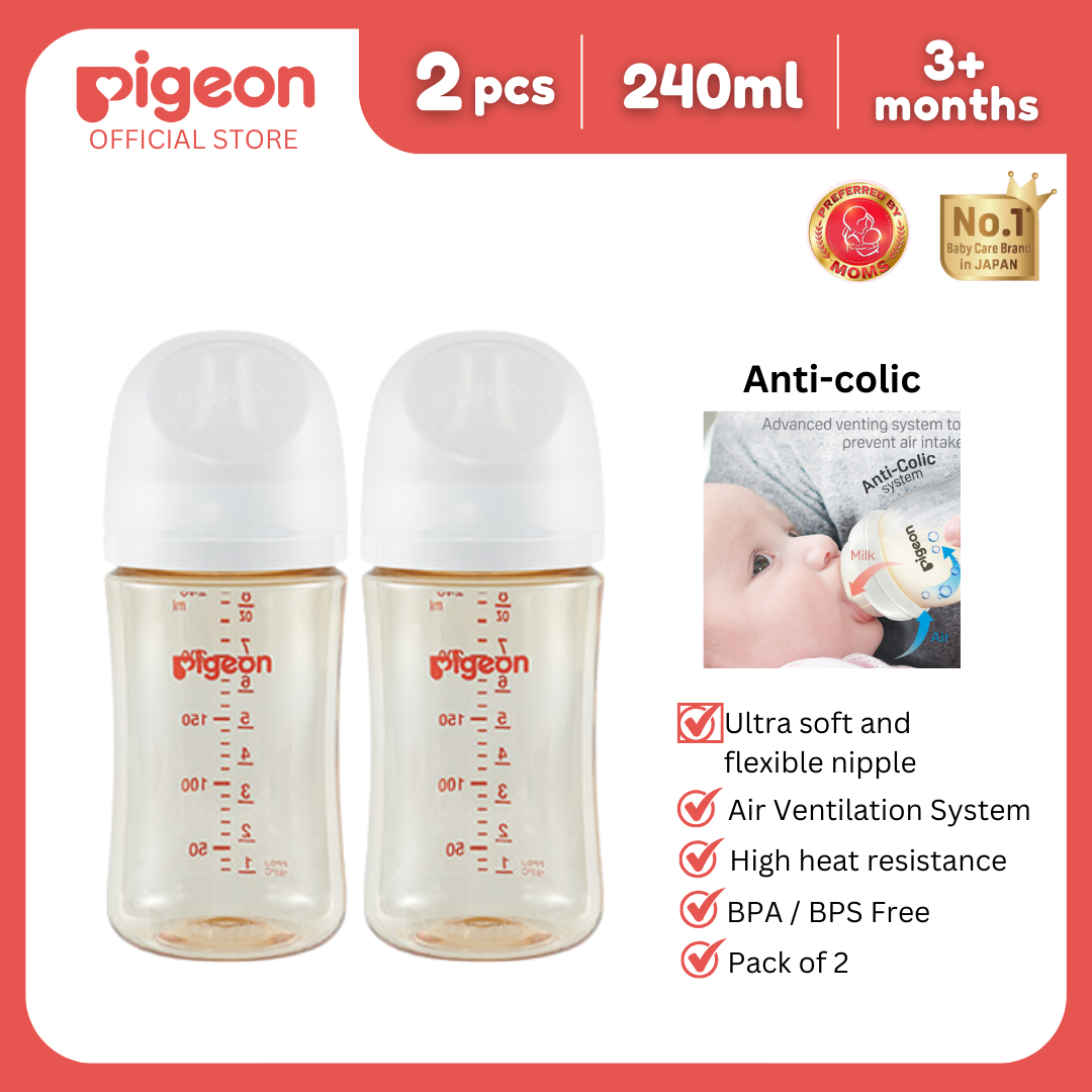 Pigeon Official - New and Improved Wide Neck PPSU Feeding Bottle 240ml Pack of 2 for newborn (M), medium flow, no nipple confusion, anti-colic, high heat resistance, Japan No. 1 Brand