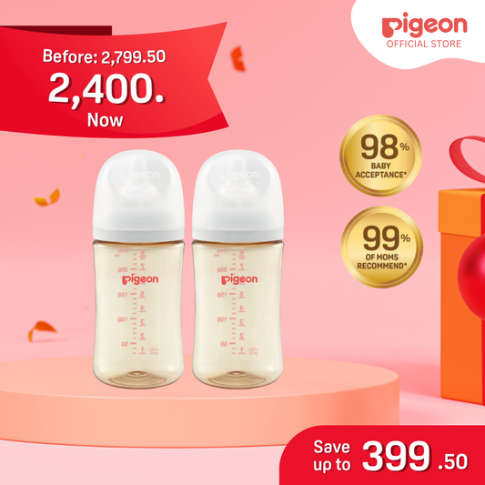 Pigeon Official - New and Improved Wide Neck PPSU Feeding Bottle 240ml Pack of 2 for newborn (M), medium flow, no nipple confusion, anti-colic, high heat resistance, Japan No. 1 Brand