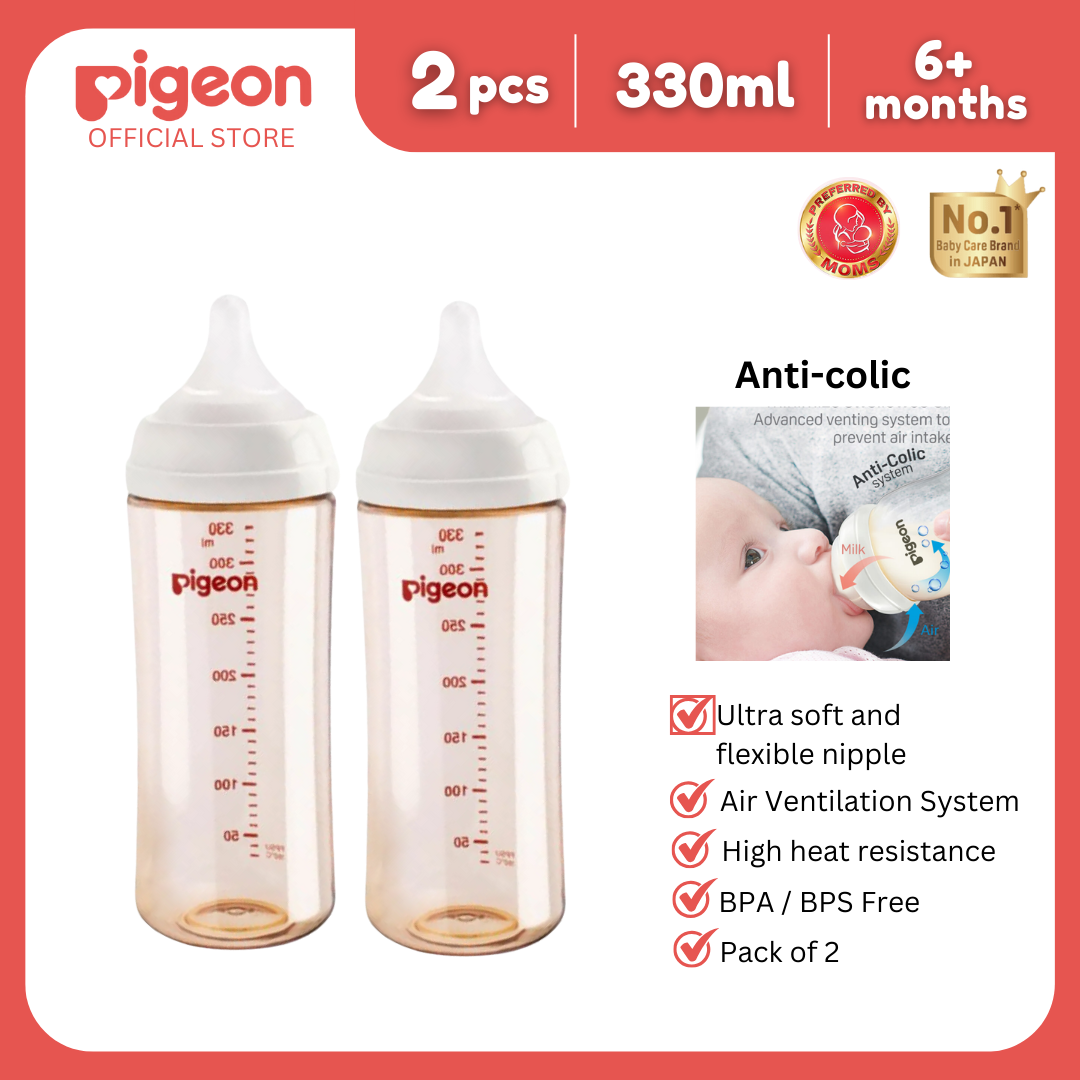 Pigeon Official - New and Improved Wideneck PPSU Feeding Bottle 330ml Pack of 2 for newborn (L Nipple), no nipple confusion, anti-colic, high heat resistance, Japan No. 1 Brand