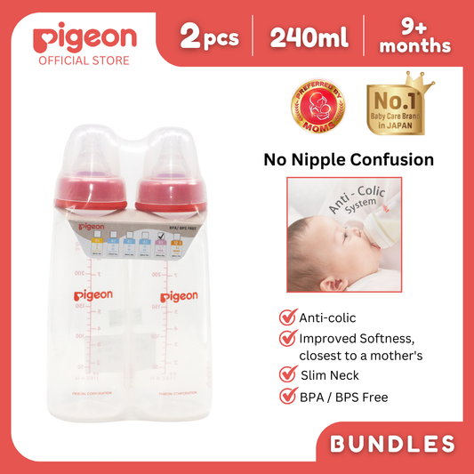 Pigeon Official - RPP Slimneck/Standard Feeding Red Bottle Fast Flow, 240ml (L) (Twinpack), PP Material