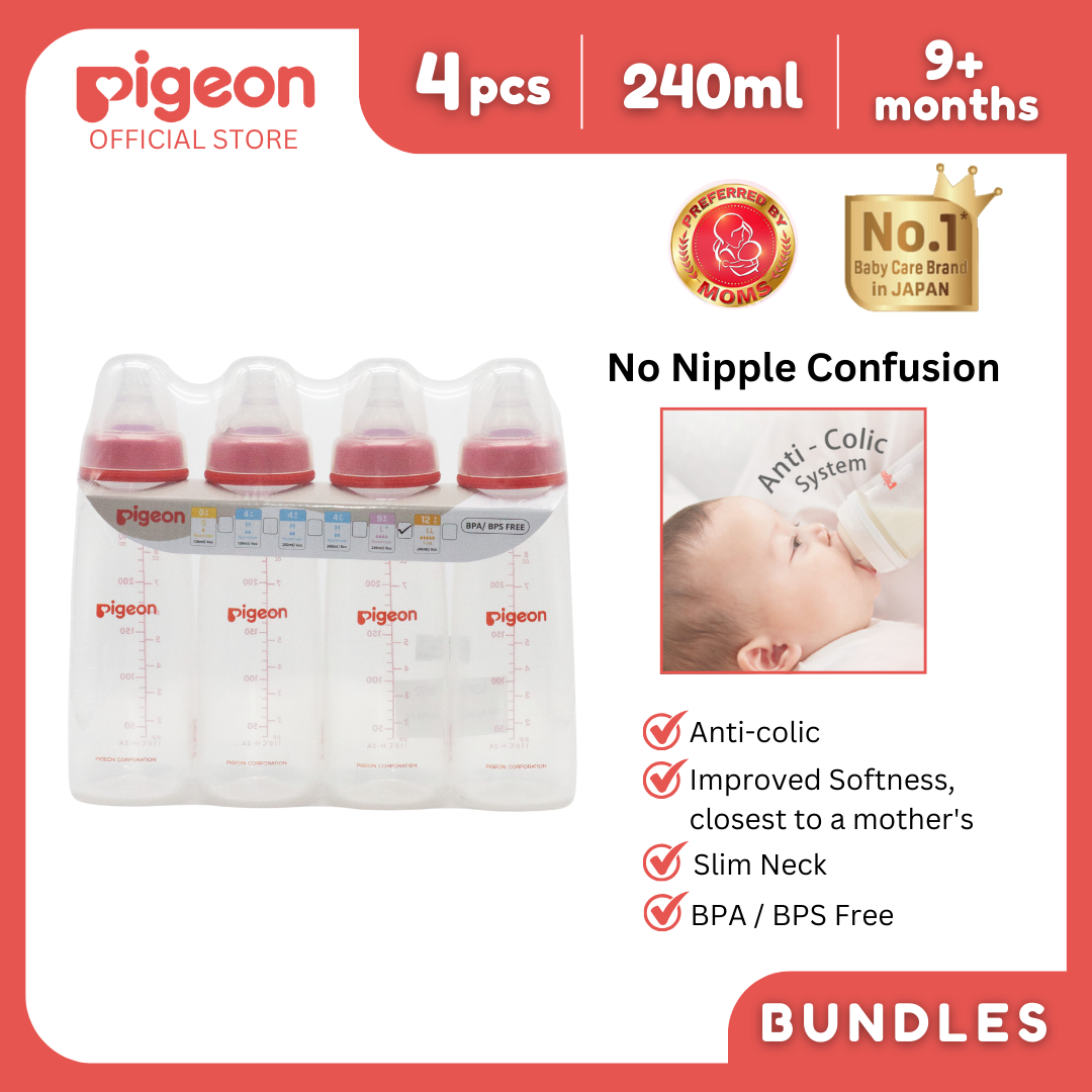 Pigeon Official - RPP Slimneck/Standard Feeding Red Bottle Fast Flow, 240ml (Pack of 4), PP Material