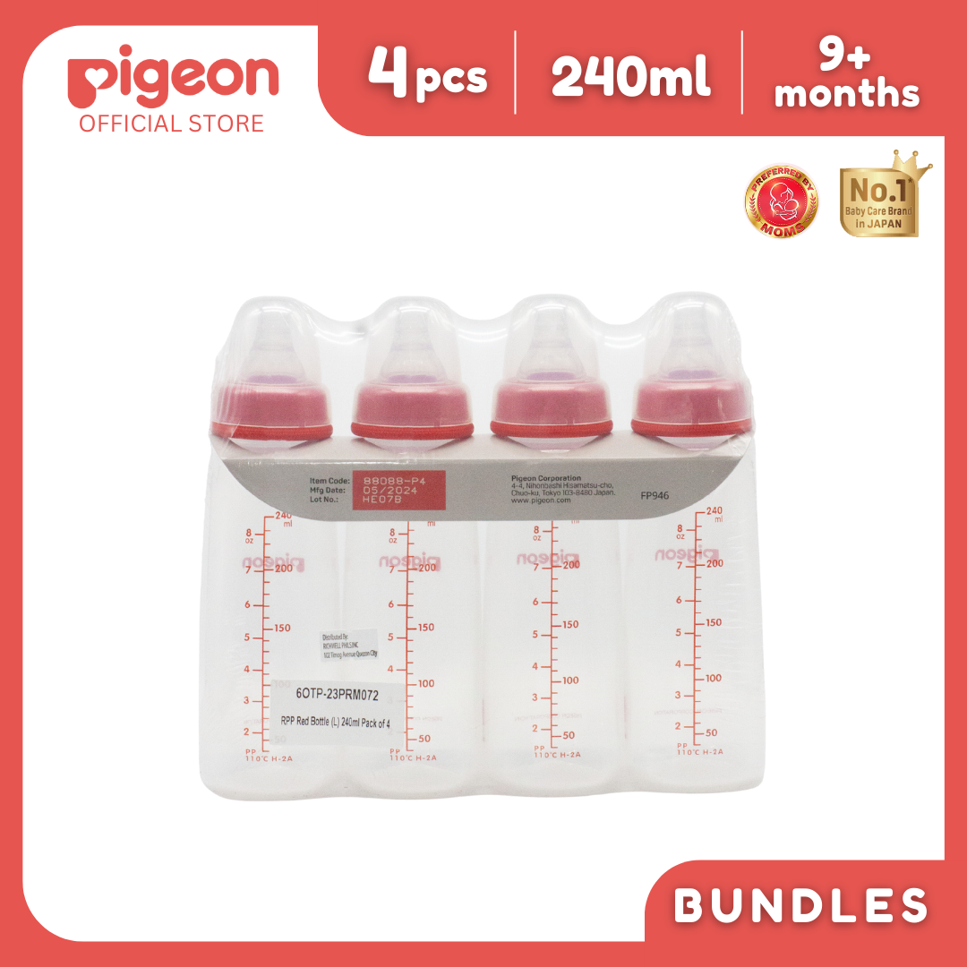 Pigeon Official - RPP Slimneck/Standard Feeding Red Bottle Fast Flow, 240ml (Pack of 4), PP Material