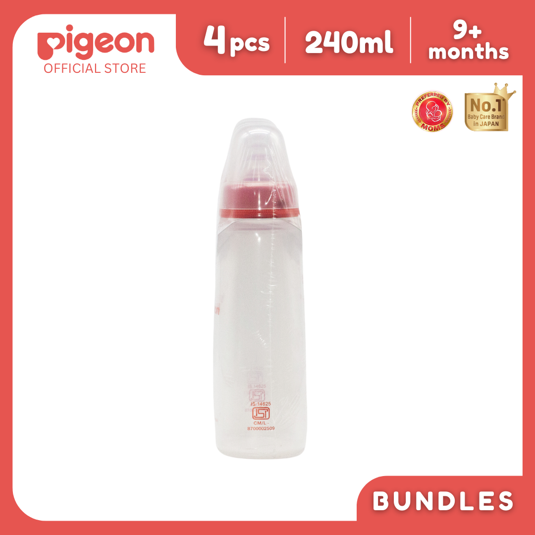 Pigeon Official - RPP Slimneck/Standard Feeding Red Bottle Fast Flow, 240ml (Pack of 4), PP Material