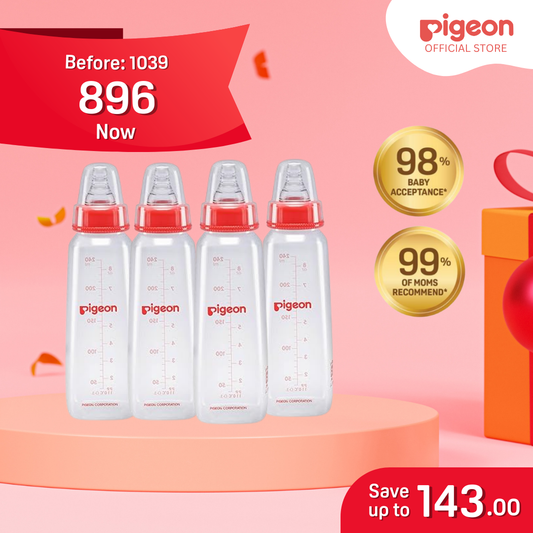 Pigeon Official - RPP Slimneck/Standard Feeding Red Bottle Fast Flow, 240ml (Pack of 4), PP Material