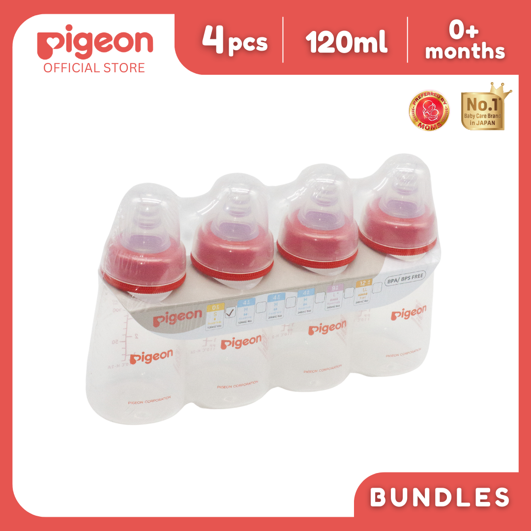 Pigeon Official - RPP Standard Feeding Red Bottle Slow Flow (S) for newborn, 120ml, anti-colic (pack of 4) PP Material