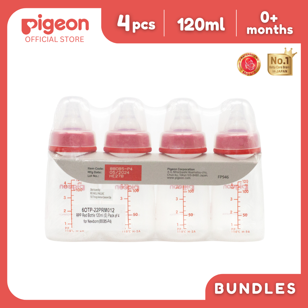 Pigeon Official - RPP Standard Feeding Red Bottle Slow Flow (S) for newborn, 120ml, anti-colic (pack of 4) PP Material