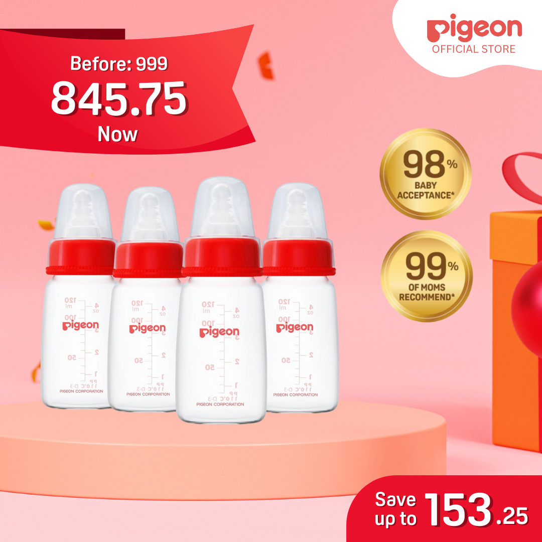 Pigeon Official - RPP Standard Feeding Red Bottle Slow Flow (S) for newborn, 120ml, anti-colic (pack of 4) PP Material