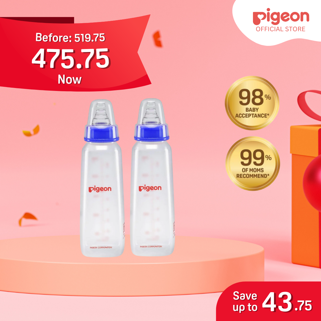 Pigeon Official - PP Standard Slim Neck Feeding Blue Bottle Medium Flow, 240ml, 4+ Months Twin Pack  Anti Colic, No Nipple Confusion, BPA Free, Soft Flexible Nipples, Japan No. 1 Brand