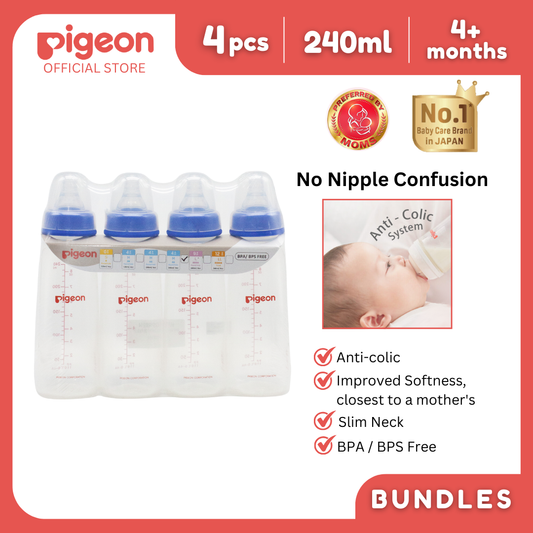 Pigeon Official - RPP Slimneck/Standard Feeding Blue Bottle Medium Flow, 240ml (Pack of 4) PP Material