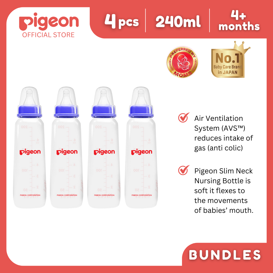 Pigeon Official - RPP Slimneck/Standard Feeding Blue Bottle Medium Flow, 240ml (Pack of 4). PP Material