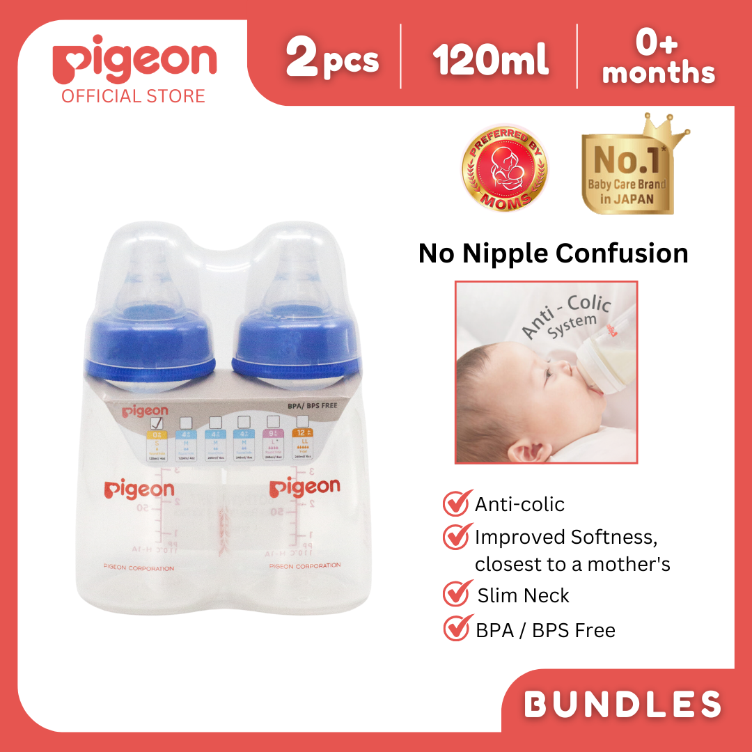 Pigeon Official - PP Standard Feeding Blue Bottle Slow Flow (S) for Newborn, 120ml 0+ Mos Twin Pack