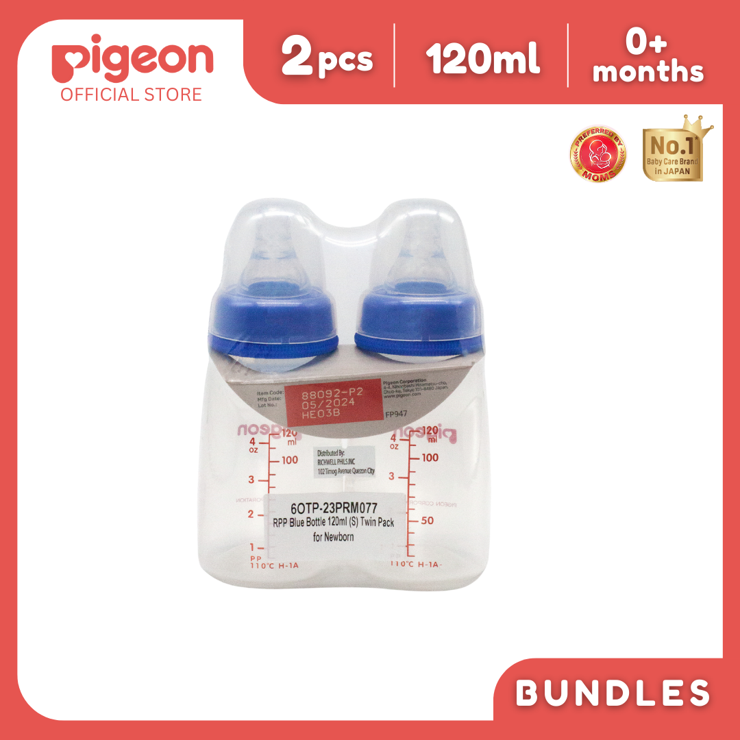 Pigeon Official - PP Standard Feeding Blue Bottle Slow Flow (S) for Newborn, 120ml 0+ Mos Twin Pack