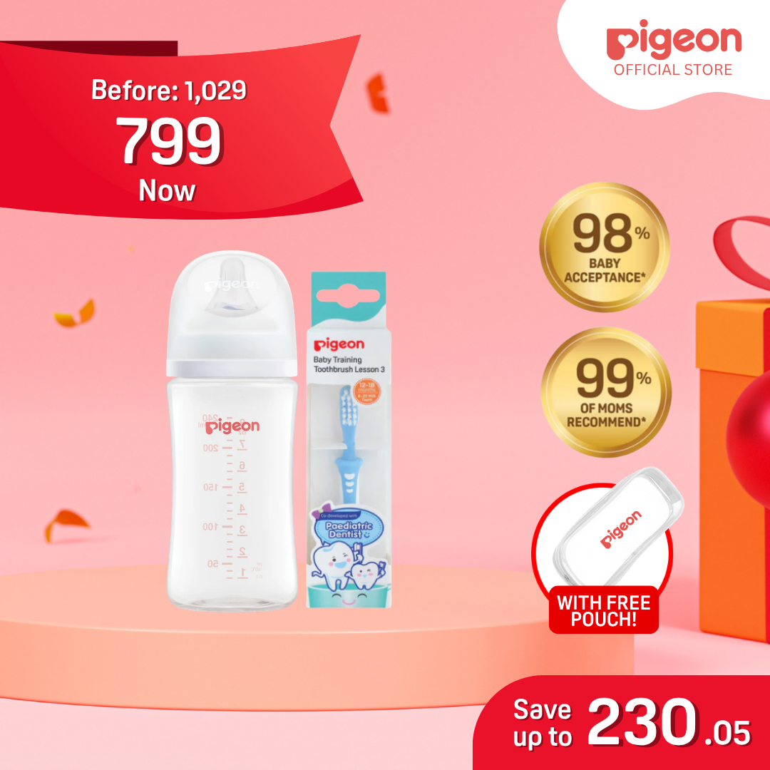 NEW Pigeon Official - Toothbrush Lesson 3 Blue & Wide Neck PP Feeding Bottle 240ml 1pc, Medium Flow, Anti Colic, No Nipple Confusion, AVS System, Latch On Line, BPA Free, Ultra Soft Flexible Nipples, Japan No. 1 Brand