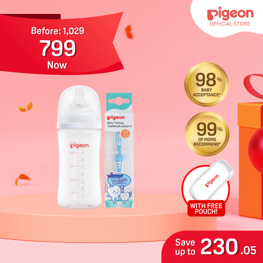 NEW Pigeon Official - Toothbrush Lesson 3 Blue & Wide Neck PP Feeding Bottle 240ml 1pc, Medium Flow, Anti Colic, No Nipple Confusion, AVS System, Latch On Line, BPA Free, Ultra Soft Flexible Nipples, Japan No. 1 Brand